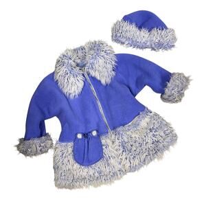 Corky & Company Jacket & Hat Set Vintage Blue Girls M/L Shaggy Faux Fur Trim